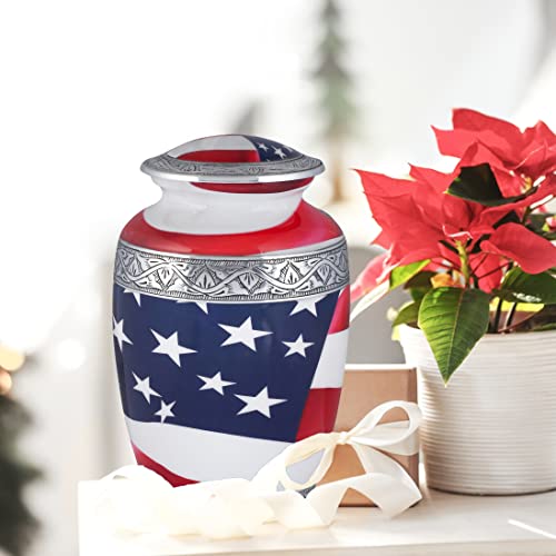 Goroly Home American Flag Hand Engraved Cremation Urn for Adult Human Ashes, Veterans, First Responders, Patriots - A Beautiful Urn for Your Loved Ones Remains with Elegant Finish - 10 Inch