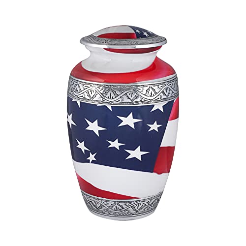 Goroly Home American Flag Hand Engraved Cremation Urn for Adult Human Ashes, Veterans, First Responders, Patriots - A Beautiful Urn for Your Loved Ones Remains with Elegant Finish - 10 Inch