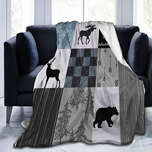 Carwayii Rustic Fleece Throw Blanket Lodge Bear Moose Lap Blanket Ultra Soft Office Blanket Adventure Retro Tartan Bed Cover Thermal Noon Break Blanket Gifts for Home Office Camping Car