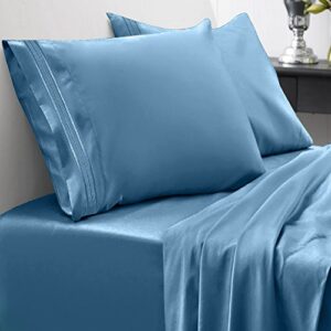 queen size bed sheets - breathable luxury sheets with full elastic & secure corner straps built in - 1800 supreme collection soft deep pocket bedding, sheet set, extra deep pocket - queen, denim
