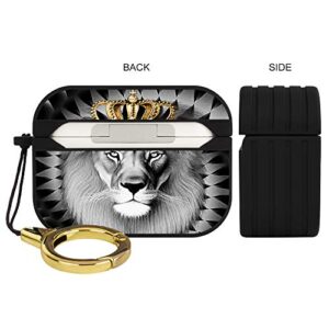 Black Hard Plastic Case for Airpods Pro Magnetic Lock Full Body Protective Shockproof Cover Lion Design Wireless Charging Case with Ring for Airpods Pro