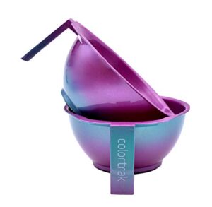 colortrak sc aurora bowls, stackable color bowls with non-slip rubber bottom, easy-pour spout lip, shimmer gradient design, color grid with milliliter measurements, 2 bowls