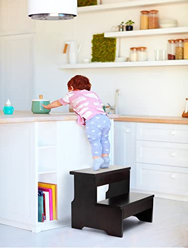 Wooden Two Step Stool - Heavy Duty 2 Step Stool for Adult and Kids - Holds up to 300Lb for Kichen/Bathroom/Bedside Step Stool (Walnut)