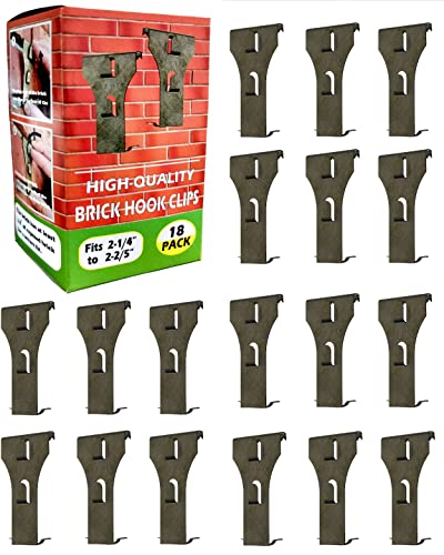 Brick Hook Clips (18 Pack) Outdoor Brick Hangers Wall Clips for Hanging - Mounting to Brick Without Drilling, Heavy Duty Metal Hangers for Outside Home Decor, Fits 2-1/4 to 2-2/5 Inch