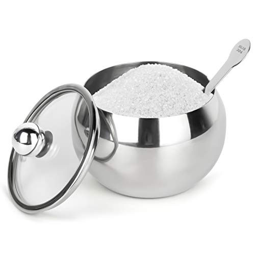 hanmir Stainless Steel Sugar Bowl with Clear Lid and Sugar Spoon 8.1 Ounces(240 Milliliter) Sugar Container for Home and Kitchen