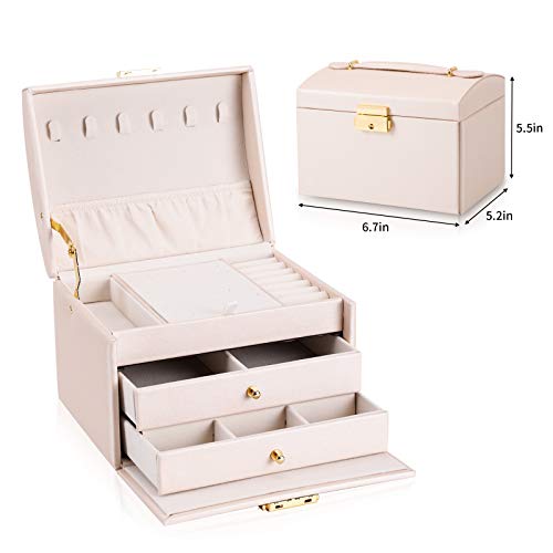 DEZZIE Women's Jewelry Box, Senior PU Leather, 3 Layer Medium Sized Jewelry Storage Box with Lock. Portable Travel Jewelry case for Earrings Bracelets Rings-Light pink