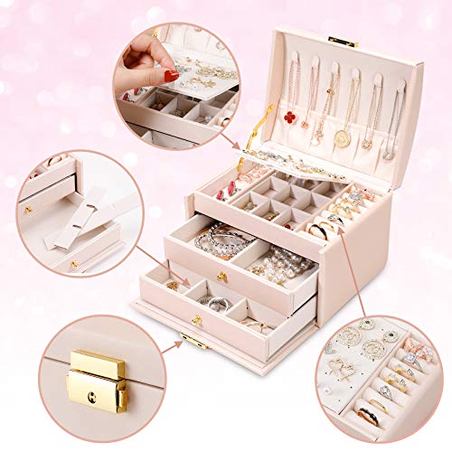 DEZZIE Women's Jewelry Box, Senior PU Leather, 3 Layer Medium Sized Jewelry Storage Box with Lock. Portable Travel Jewelry case for Earrings Bracelets Rings-Light pink