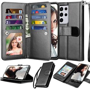 njjex wallet case for samsung galaxy s21 ultra 5g, for galaxy s21 ultra case 6.8", [9 card slots] pu leather id credit holder folio flip [detachable] kickstand magnetic phone cover & lanyard [black]