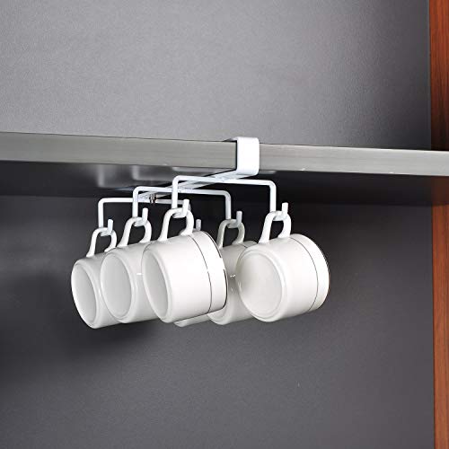 ECROCY Large Mug Holder Under Cabinet, Extra Large Hook Distance Suit for Large Mugs, 2pcs x 6 Hooks Coffee Cup Mug Holder for Kitchen - - Only Fit for Flat Buttom Cabinet Without Any Lip (White)