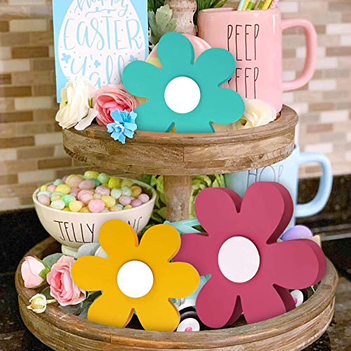 Spring Tiered Tray Decor Easter Fresh Flower Block Signs Daisy Wood Signs Summer Rustic Farmhouse Decorations Kitchen Decor Home 3D Signs for Easter Spring Set of 3