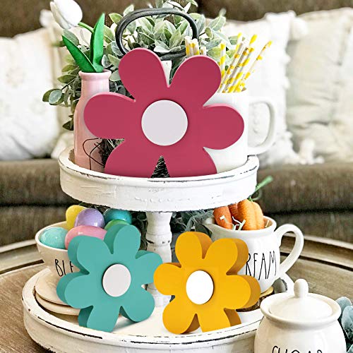 Spring Tiered Tray Decor Easter Fresh Flower Block Signs Daisy Wood Signs Summer Rustic Farmhouse Decorations Kitchen Decor Home 3D Signs for Easter Spring Set of 3