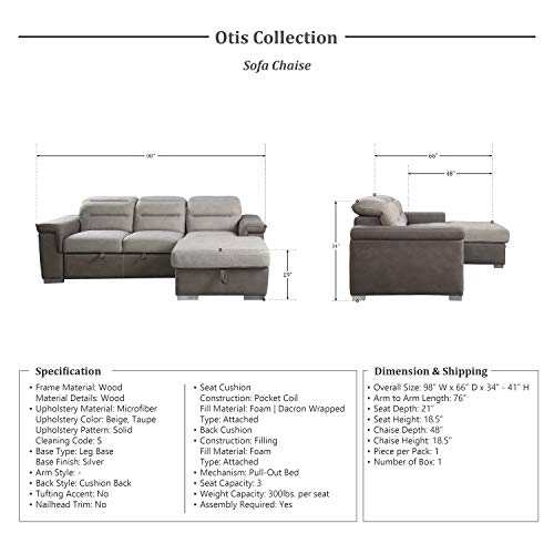 Lexicon Otis Living Room Sectional Sofa Sleeper with Storage, Two-Tone