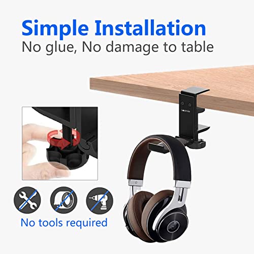 Goldmille Aluminum Headphone Stand Hanger Foldable with Cable Clip Headset Holder Clamp Hook Under Desk, Save Your Space While Working & Gaming