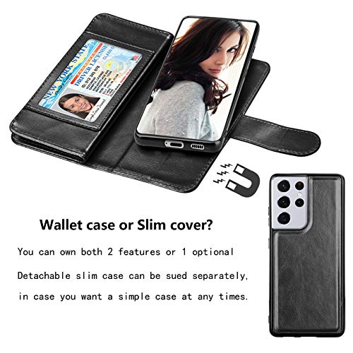 NJJEX Wallet Case for Samsung Galaxy S21 5G, for Galaxy S21 Case, [9 Card Slots] PU Leather ID Credit Holder Folio Flip [Detachable] Kickstand Magnetic Phone Cover & Lanyard for Samsung S21 [Black]