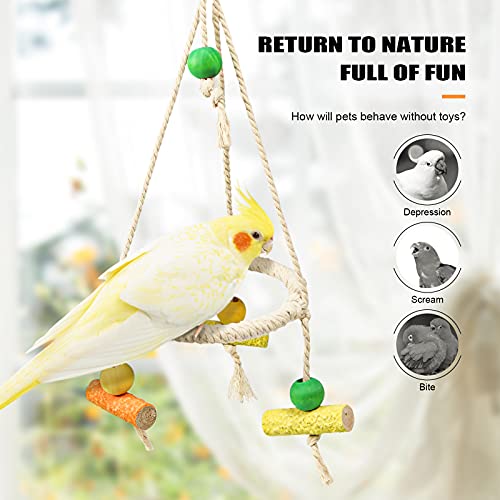 Bird Perch Stand Parrot Rope Swing Hanging Toy,Circle Ring Parakeet Perch Swing Toys&Bird Platform Parrot Stand Playground for Budgie Conure Finches Lovebird Cockatiel Cockatoo Exercise Toys (H01)