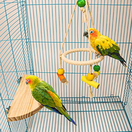 Bird Perch Stand Parrot Rope Swing Hanging Toy,Circle Ring Parakeet Perch Swing Toys&Bird Platform Parrot Stand Playground for Budgie Conure Finches Lovebird Cockatiel Cockatoo Exercise Toys (H01)