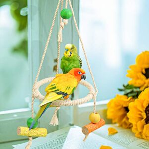 Bird Perch Stand Parrot Rope Swing Hanging Toy,Circle Ring Parakeet Perch Swing Toys&Bird Platform Parrot Stand Playground for Budgie Conure Finches Lovebird Cockatiel Cockatoo Exercise Toys (H01)