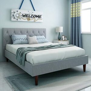 yegee upholstered platform bed frame wood slat support no box spring needed deep button tufting headboard solid wood foot (grey, queen)