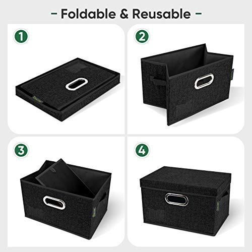 BALEINE Storage Bins with Lids, Foldable Linen Fabric Storage Boxes with Lids, Collapsible Closet Organizer Containers with Cover for Home Bedroom Office (5 Pack Black Large)