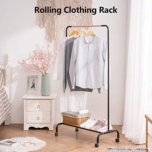 YOUDENOVA Clothes Rack on Wheels, Rolling Clothing Rack for Hanging Clothes, Clothing Garment Rack, Black