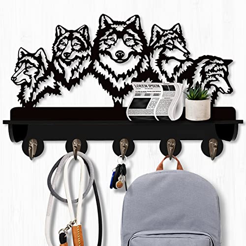 KingLive Wolf Coat Rack Wall Mount, Animal Wall Shelf with Heavy Duty Hooks, Coat Hooks, Valentines Day Decor for Hallway Kitchen Office Entryway, Wolf Wall Hook Valentines Day Gifts for Him（5 Hooks）