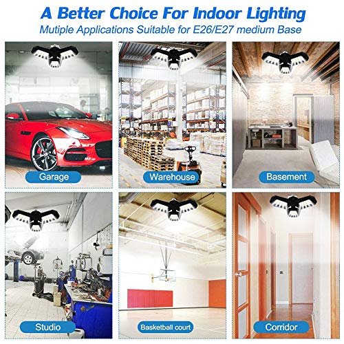 Gyrategirl LED Garage Light, 80W Garage Light 8000LM Deformable Led Shop Lights with 3 Adjustable Wings, Folding Garage Lights Shop Lighting, E26/E27 Panel Lights for Garage/Warehouse/Basement