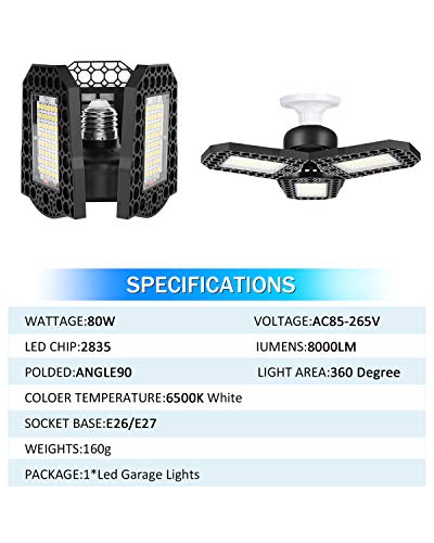 Gyrategirl LED Garage Light, 80W Garage Light 8000LM Deformable Led Shop Lights with 3 Adjustable Wings, Folding Garage Lights Shop Lighting, E26/E27 Panel Lights for Garage/Warehouse/Basement