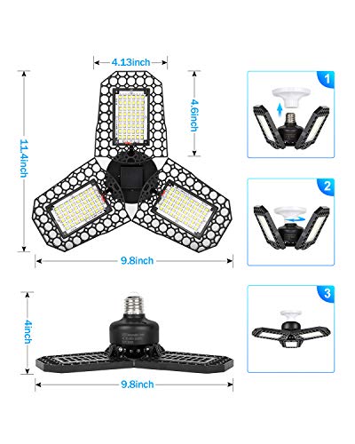 Gyrategirl LED Garage Light, 80W Garage Light 8000LM Deformable Led Shop Lights with 3 Adjustable Wings, Folding Garage Lights Shop Lighting, E26/E27 Panel Lights for Garage/Warehouse/Basement