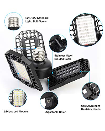 Gyrategirl LED Garage Light, 80W Garage Light 8000LM Deformable Led Shop Lights with 3 Adjustable Wings, Folding Garage Lights Shop Lighting, E26/E27 Panel Lights for Garage/Warehouse/Basement