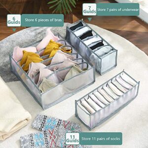 Underwear Storage Box Set of 3, Socks Storage Box, Bra Storage Box, collapsible Underpants Drawer Cabinet Dividers, Closet Clothes Organizers with Compartments for Women (Thicken Gray) (3 set + Bra)