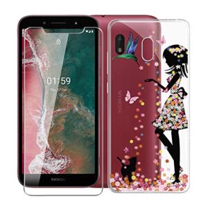 phone case for nokia c1 plus (5.45"), with [1 x tempered glass protective film], kjyf clear soft tpu shell ultra-thin [anti-scratch] [anti-yellow] case for nokia c1 plus - girl