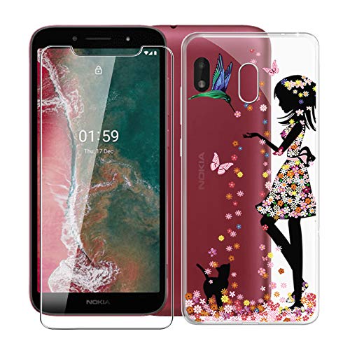 Phone Case for Nokia C1 Plus (5.45"), with [1 x Tempered Glass Protective Film], KJYF Clear Soft TPU Shell Ultra-Thin [Anti-Scratch] [Anti-Yellow] Case for Nokia C1 Plus - Girl