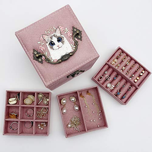 lemonadeus Retro 3-Layer Velvet Jewelry Organizer Jewelry Box for Women Girls Kids Small Jewelry Box Travel Portable Jewelry Holder Earrings Necklaces Bracelets Rings Organizer (floral cat pink)