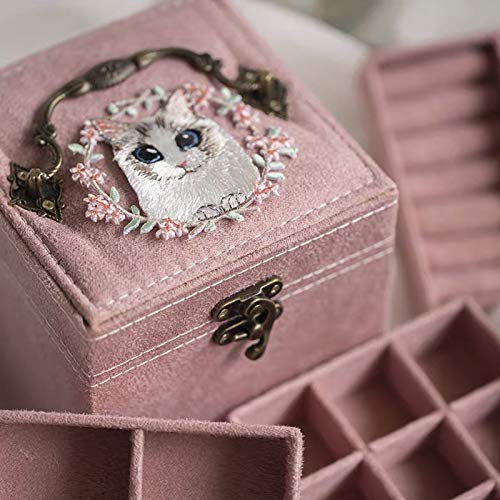 lemonadeus Retro 3-Layer Velvet Jewelry Organizer Jewelry Box for Women Girls Kids Small Jewelry Box Travel Portable Jewelry Holder Earrings Necklaces Bracelets Rings Organizer (floral cat pink)