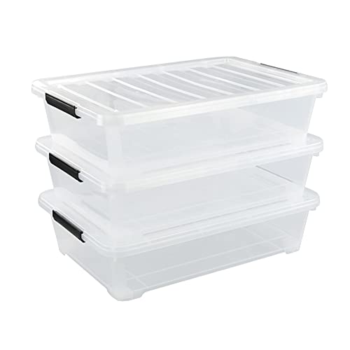 Morcte 40 Quart Plastic Underbed Storage Boxes, Clear Under Bed Plastic Storage Bin with Wheel, 3 Pack