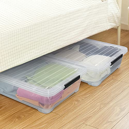 Morcte 40 Quart Plastic Underbed Storage Boxes, Clear Under Bed Plastic Storage Bin with Wheel, 3 Pack