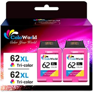 coloworld 62xl color ink cartridges for hp 62 color ink cartridges, compatible for hp envy 7640 5660 5540 5661 5642 5640 5640 5663 5544 5542 5549 officejet 5740 250 5745 5746 200 printer, 2 pack