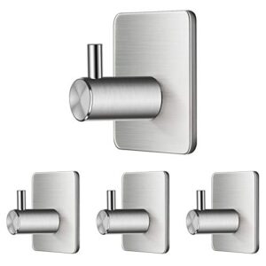 Adhesive Hooks Towel Hooks Wall Hooks Heavy Duty Stainless Steel Hooks Door Hooks Bathroom Hooks for Hanging Coat, Hat,Bath Towel-Bathroom and Bedroom or Kitchen 4-Packs