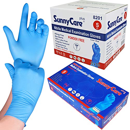 SunnyCare 1000 8201 Blue Nitrile Medical Exam Gloves Powder Free Chemo-Rated (Non Vinyl Latex) 100/box;10boxes/case Size: Small