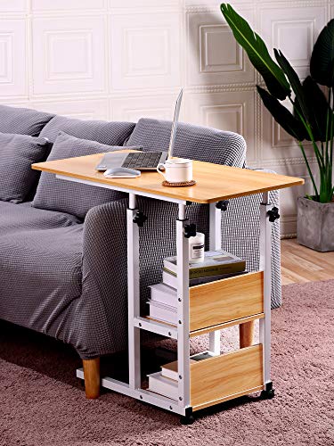 Urban Deco Home Office Desk with Drawer Standing Desk Adjustable Height, Moveable Computer Stand with 4 Wheels & Plastic Drawers Corner Desks for Home Office - Wood Color