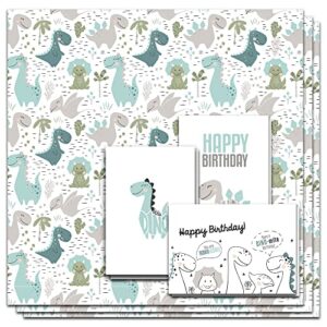 dinosaur wrapping paper with matching cards - premium happy birthday wrapping paper for boys and girls includes 3 folded sheets 30 x 20 inches and 3 coordinating gift cards great for three rex birthday party decorations and baby wrapping paper