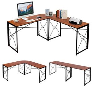 vecelo computer corner desk, 59''x59'' large l shaped home office workstation, industrial multi-usage long 2 person table, easy assembly/saving space, steel frame&wooden grain, brown
