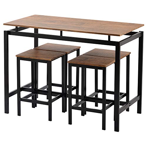 Polibi 5-Piece Kitchen Counter Height Table Dining Set, Wood Top and Metal Frame Bar Table with 4 Chairs (Brown)