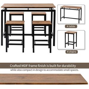 Polibi 5-Piece Kitchen Counter Height Table Dining Set, Wood Top and Metal Frame Bar Table with 4 Chairs (Brown)