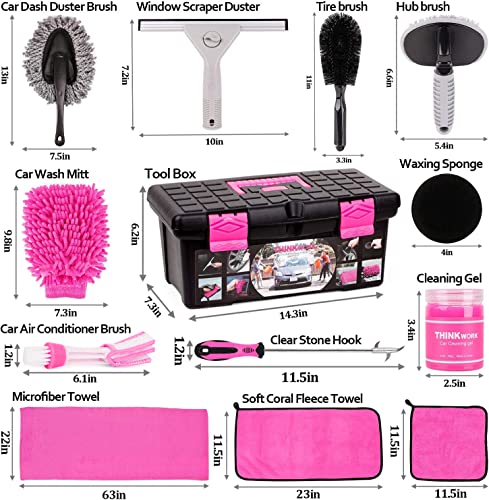 THINKWORK Pink Car Detailing Cleaning Kit, Car Wash Kit, Car Accessories for Women Suitable for Small and Medium Vehicles Such As Cars, Trucks, Suvs(17pcs)