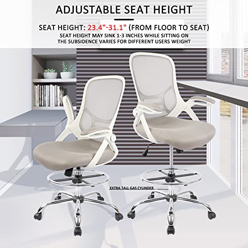 HYLONE Drafting Chair, Tall Office Chair Standing Desk Stool with Adjustable Foot Ring, Flip-Up Arms, Mesh High-Back Drafting Table Chair, Grey