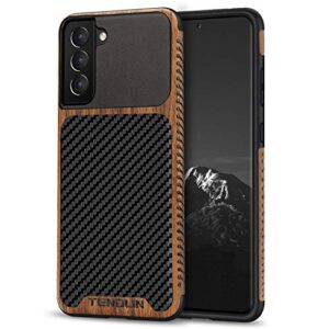 TENDLIN Compatible with Samsung Galaxy S21 Case Wood Grain with Carbon Fiber Texture Design Leather Hybrid Case Black