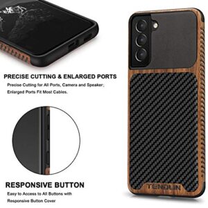 TENDLIN Compatible with Samsung Galaxy S21 Case Wood Grain with Carbon Fiber Texture Design Leather Hybrid Case Black