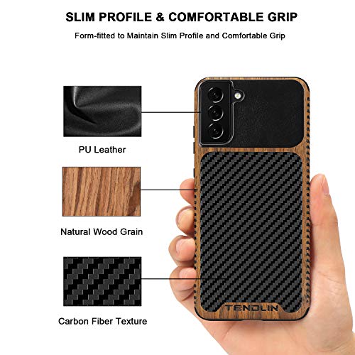 TENDLIN Compatible with Samsung Galaxy S21 Case Wood Grain with Carbon Fiber Texture Design Leather Hybrid Case Black