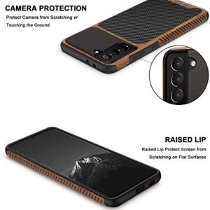 TENDLIN Compatible with Samsung Galaxy S21 Case Wood Grain with Carbon Fiber Texture Design Leather Hybrid Case Black